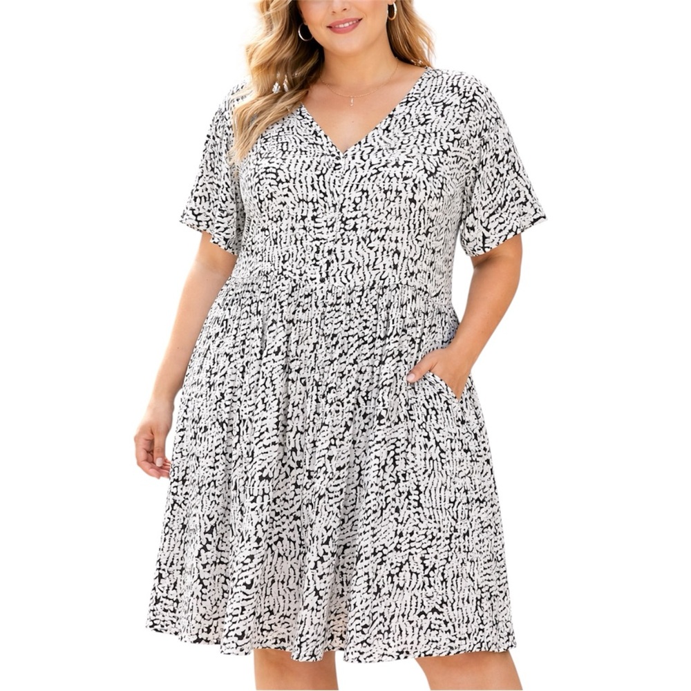 Woman Within Babydoll Dress Button Front 2X Black White Flowy Beachy Vacation